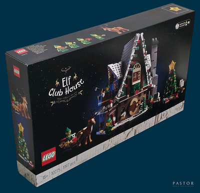 une boîte contenant un coffret Lego représentant un train de Noël