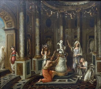une image représentant un tableau où l'on voit un groupe de personnes dans un bâtiment