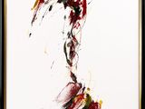 an abstract painting of a woman in red and black with a white background