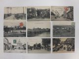 several old postcards of a town with people walking on the street