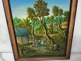 une peinture représentant une peinture d'un village avec des personnages et des arbres
