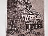 a picture of a drawing of a house in the woods