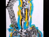 dessin représentant une femme à moto sur une feuille de papier