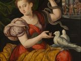 painting of a woman with a bird and a birdcage in her hand