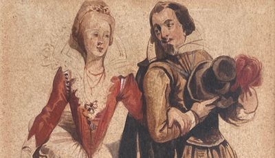 tableau représentant un homme et une femme vêtus de costumes d'époque