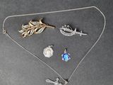 a silver necklace with a bird, a leaf, and a bird brooch on it