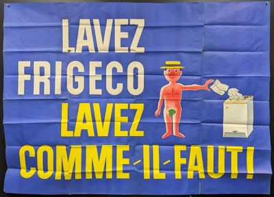 affiche bleue et jaune représentant un homme en train de jeter une poubelle dans une benne à ordures
