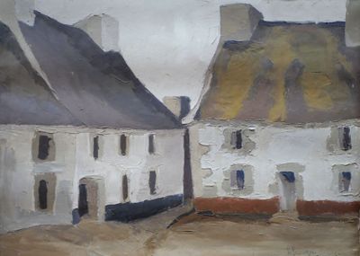 a painting of a couple of houses on the street