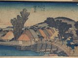 a picture of a painting of a village by the water