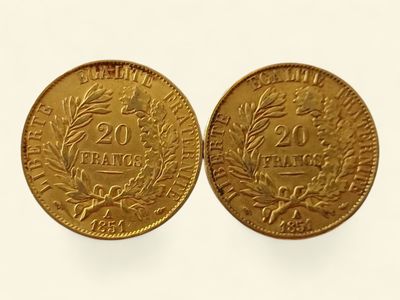 deux pièces d'or sur lesquelles sont gravés les chiffres vingt et vingt