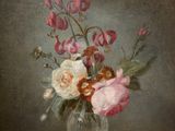 a painting of flowers in a glass vase on a table