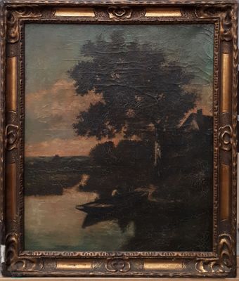 une peinture à l'huile représentant un bateau sur une rivière, avec un arbre en arrière-plan