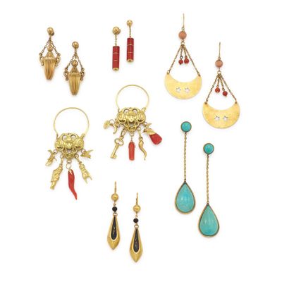 a set of nine pairs of earrings and pendants on a white background