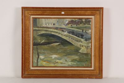 painting of a bridge over a river in a wooden frame