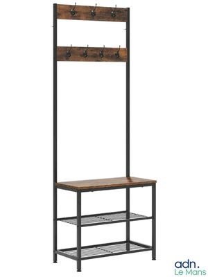 a wooden coat rack with two shelves and a shelf underneath it