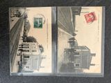 two old postcards with a train on them on a table