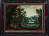 un tableau représentant un paysage avec une rivière et un village au loin