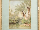 une image représentant un tableau où l'on voit un cerf sautant par-dessus une rivière