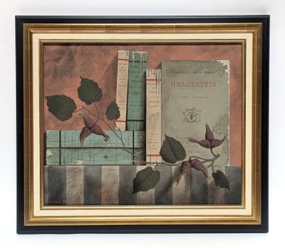 painting of a book and a bird on a table with books