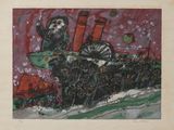 an image of a painting of a man riding a train