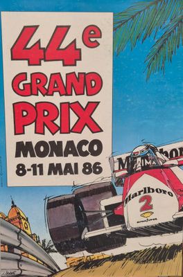 a poster of a race car on the side of the road