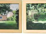 two paintings of a house and a tree in a field
