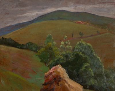 a painting of a large rock in the middle of a field