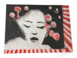 drawing of a woman ' s face with red dots on it
