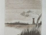 drawing of a water tower with a tree in the foreground and a body of water in the foreground