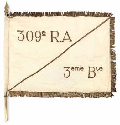 un gros plan d'un drapeau sur fond blanc, sur lequel figure l'inscription « 300 r a »