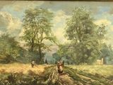 une peinture représentant une calèche tirée par des chevaux sur un chemin de terre