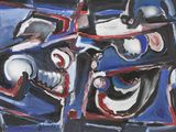 abstract painting of blue, red, and black squares with a skull in the middle