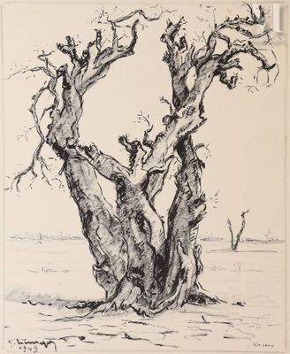 un dessin à l'encre représentant un arbre dans un champ, avec une personne au loin
