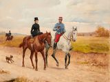tableau représentant deux hommes à cheval sur un chemin de terre, accompagnés d'un chien