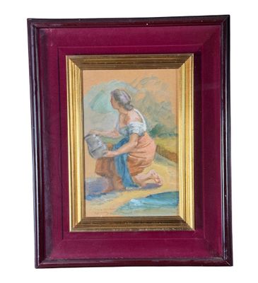 tableau représentant une femme assise sur la plage avec un parasol