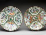 pair of chinese famille plates with birds and flowers