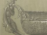 a drawing of a silver bowl with a bird on it