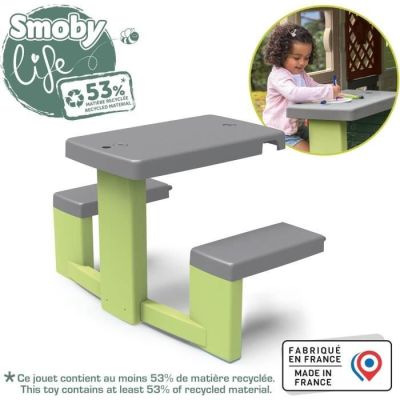 a small child ' s table with two benches on it