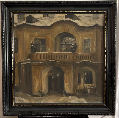 un tableau représentant un bâtiment devant lequel se trouve une calèche
