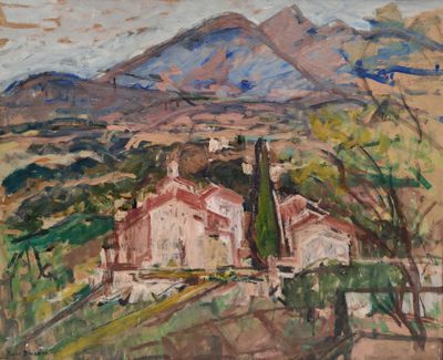 une image représentant une peinture d'une maison située dans une région montagneuse