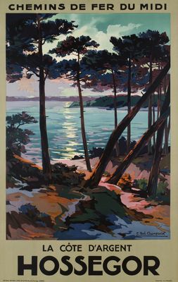 une peinture représentant une affiche d'une plage avec des arbres et de l'eau