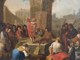 painting of a group of people gathered around a man with a sword