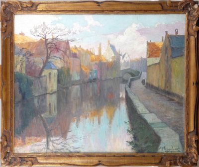 une peinture à l'huile représentant un canal avec, en arrière-plan, des bâtiments et un pont