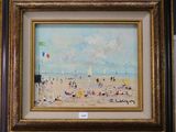 une peinture à l'huile représentant une scène de plage avec des gens sur le sable