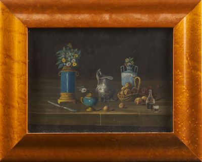 a painting of a still life with a vase of flowers