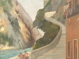 a painting of people walking down a hill by the water