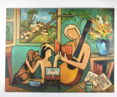 tableau représentant une femme jouant de la guitare et un chien assis sur une table
