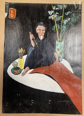 painting of a man sitting on a table with a potted plant in front of him