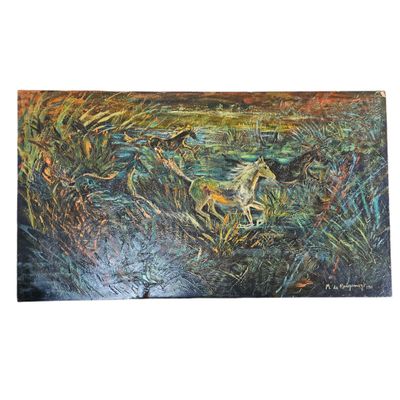une peinture à l'huile représentant un cheval galopant dans un champ d'herbes hautes