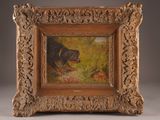 an old picture of a dog in a field with a mouse